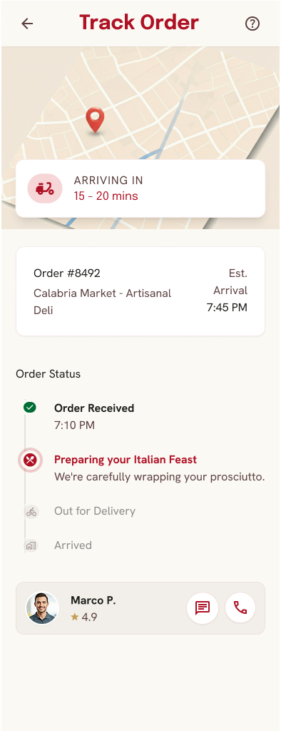 Calabria Market order tracking screen